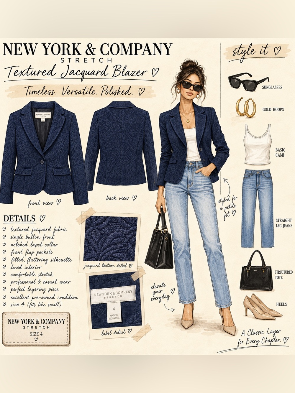 New York & Company Navy Jacquard Stretch Blazer - Textured Tailored Fit